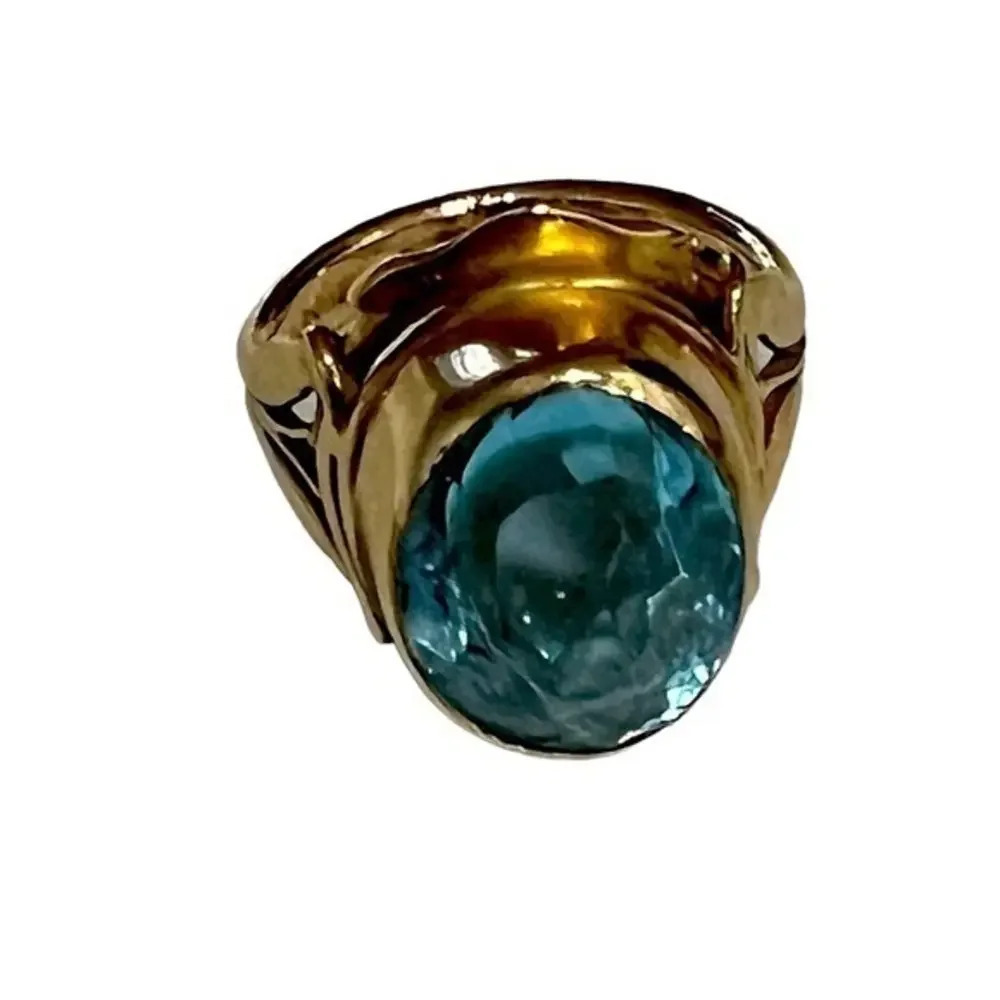 Vintage Large Faceted Blue Topaz Artisan 14K Ring‎ 6